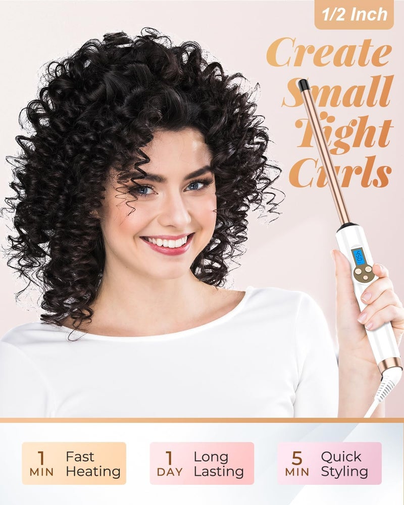 Hoson 1/2 Inch Curling Wand Iron,Ceramic Skinny Curling Wand for Long Hair,Dual Voltage Half Inch Curling Iron Thin Long Barrel,10 Adjustable Temperature - Image 2
